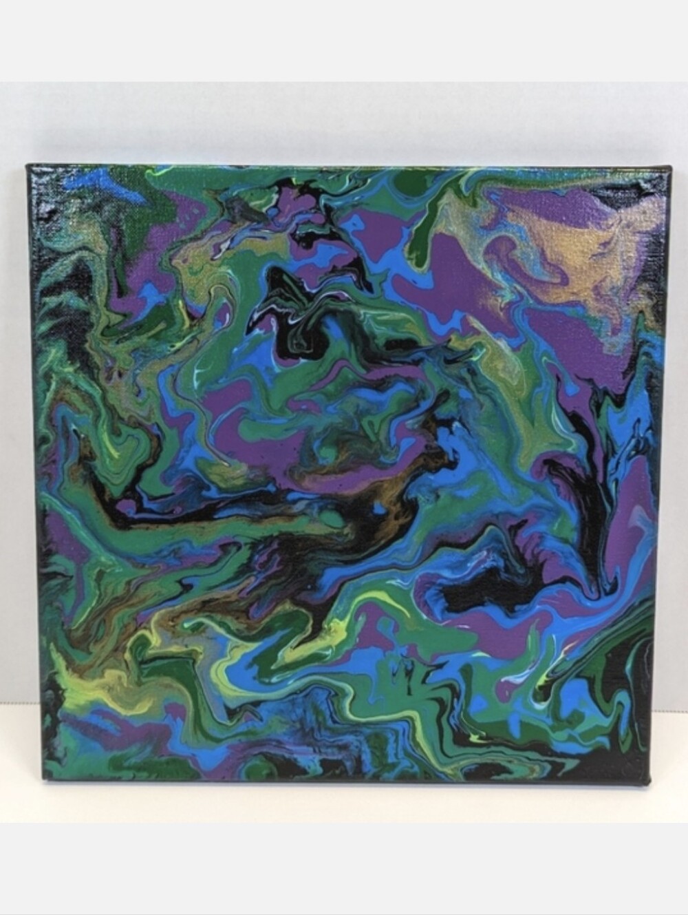 Abstract Fluid Acrylic Art Canvas in Purple, Blue, Black & Green Hand Painted
